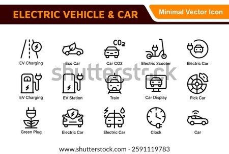 Electric Vehicle and Car Icon Set. A modern collection of icons showcasing electric transportation, perfect for enhancing automotive apps, websites, and sustainability initiatives.