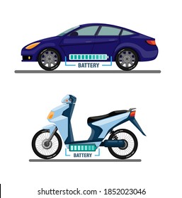 Electric vehicle, Car and Motorcycle with battery bar information symbol concept in cartoon illustration vector