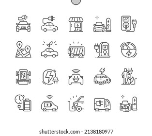 Electric vehicle. Charger and charging station. Alternative energy, eco and transportation. Saving world. Pixel Perfect Vector Thin Line Icons. Simple Minimal Pictogram