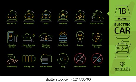 Electric vehicle and charger editable stroke outline icon set on a black background with green eco electricity hybrid car, charging station, e plug, battery and ev motor scooter line sign.