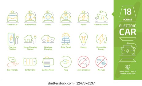 Electric vehicle and charger editable stroke outline color icon set with green eco electricity hybrid car, charging station, power energy plug, battery and zero emission line colorful symbol.