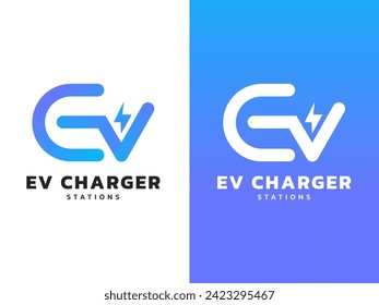 Electric Vehicle Charger letter "EV" with Lightning Bolt Symbol in letter "V" logo vector design concept. Letter EV logotype symbol for Electric Car, EV station, Electric Vehicle industry, ui concept.