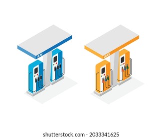 Electric Vehicle Charger Station And Gas Station In Isometric Graphic