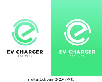 Electric Vehicle Charger station letter "e" in circle geometric shape logo vector design concept. Letter e logotype green color symbol for Electric Car, EV station, Electric Vehicle industry, ui, web.