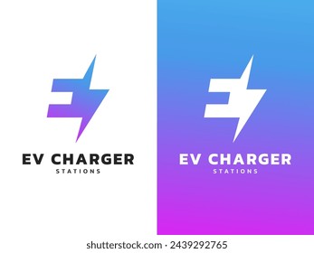 Estación eléctrica del cargador del vehículo con la letra E superpuesta Lightning Bolt Symbol logo vector concepto de diseño. Símbolo del logotipo de la letra E para el coche eléctrico, la estación de EV, el negocio de EV, ui, web, automotriz.