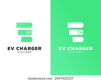 Electric Vehicle Charger station letter E with EV Charger Plug Connector Symbol logo vector design concept. Letter E logotype symbol for Electric Car, EV station, EV business, ui, web, automotive, ads