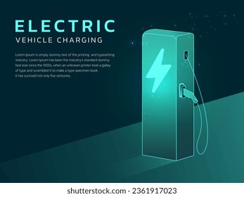 Electric vehicle charger station, wallbox for Electric car digital technology vector interface design concept. EV plugin station. Electric vehicle neon green-blue illustration. ECO Clean Energy.