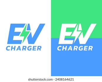 Electric Vehicle Charger with thunderbolt symbol is in the middle of the letter EV logo vector design concept. Letter EV logotype symbol for Electric Car, EV station, Electric Vehicle industry, ui.