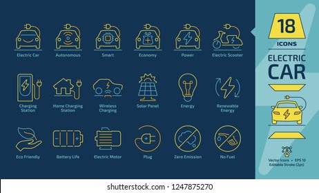 Electric vehicle and charger yellow editable stroke thin outline icon set on a dark blue background with eco electricity hybrid car, charging station, energy plug, battery and zero emission line sign.