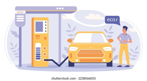 Electric vehicle charging. Alternative energy sources and responsible society, reducing emission of hazardous waste. Eco friendly station concept. Poster or banner. Cartoon flat vector illustration
