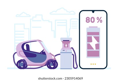 Electric vehicle charging. Automobile accumulator recharge. Electrical transport. Smartphone screen. Charge station. Mobile management application technology. Battery