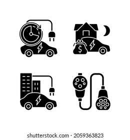 Electric vehicle charging black glyph icons set on white space. Modern electric automobile charging station. Vehicle battery charging point. Silhouette symbols. Vector isolated illustration