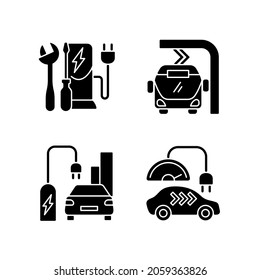 Electric vehicle charging black glyph icons set on white space. Different types of charging stations for electromobiles. Time spent to fill up battery. Silhouette symbols. Vector isolated illustration