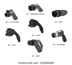 Electric vehicle charging connector types, EV plugs, vector illustration isolated on white background