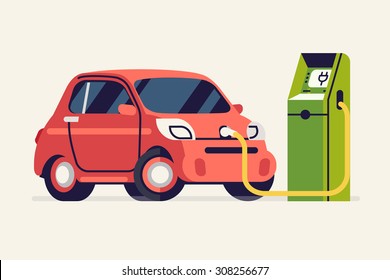 Electric vehicle charging cool concept vector illustration | Small green energy city subcompact microcar charging | Trendy flat illustration on eco friendly transport