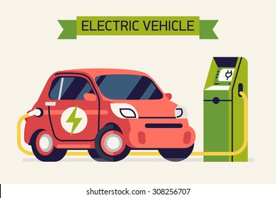 Electric vehicle charging cool concept vector illustration | Small green energy city subcompact microcar plugged in at the power point | Cute and trendy flat illustration on eco friendly transport 