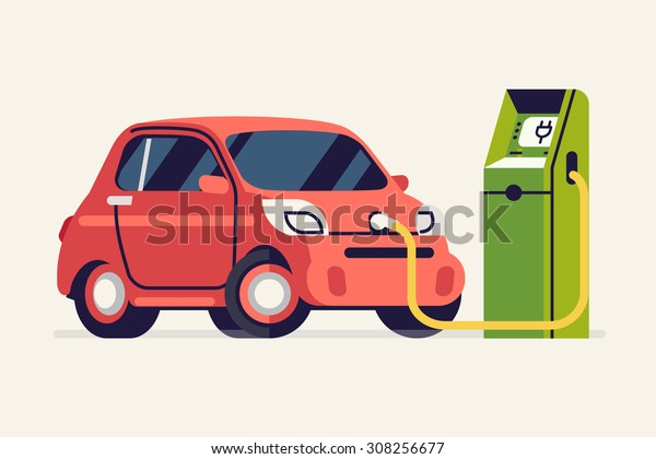 Electric vehicle charging cool\
concept vector illustration | Small green energy city subcompact\
microcar charging | Trendy flat illustration on eco friendly\
transport