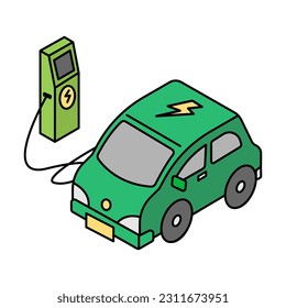 Electric Vehicle Charging with Electricity Power. Environment, Power and Saving Energy Concept. Cartoon Flat Vector illustration.