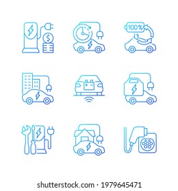 Electric vehicle charging gradient linear vector icons set. Places where you can fill up battery of electromobile. Thin line contour symbols bundle. Isolated vector outline illustrations collection
