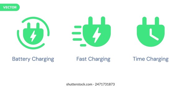 Icon-Set für das Laden von Elektrofahrzeugen mit Schnellladung, Batterieladung, Design-Konzept für die Vektorgrafik des Zeitaufladens. Umweltfreundliche Fahrzeug-Icons Sets für EV-Auto, EV-Station, Business, ui, Infografik.