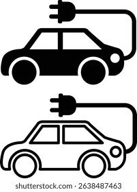 Electric Vehicle Charging Icons Black and White Illustrations of EVs Plugged In, Ideal for Websites, Apps, and Presentations on Sustainable Transportation, Green Energy, and Eco-Friendly Vehicles