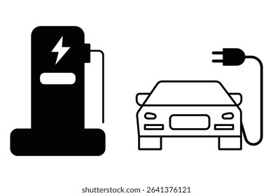 Electric Vehicle Charging Icons. EV, Battery, Plug in Car Silhouettes