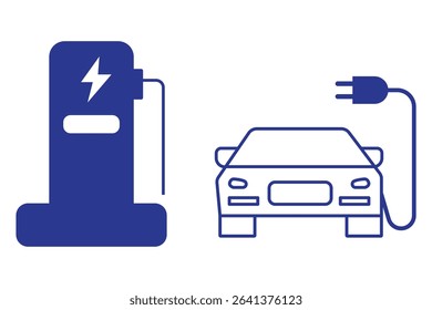 Electric Vehicle Charging Icons. EV, Battery, Plug in Car Silhouettes