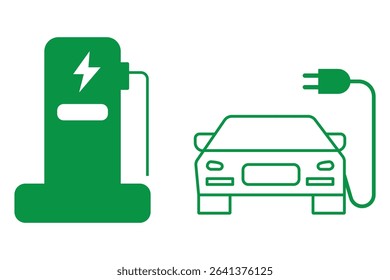 Electric Vehicle Charging Icons. EV, Battery, Plug in Car Silhouettes