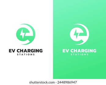 Electric vehicle charging letter e with overlapping in circle shape and Lightning Bolt Symbol logo vector design concept. Letter E logotype symbol for Electric Car, EV station, EV business, ui, web.