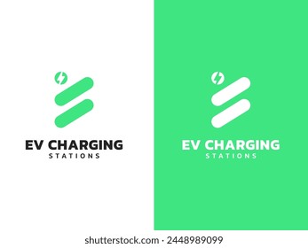 Electric vehicle charging letter E with Growing lines and Lightning Bolt Symbol logo vector design concept. Letter E logotype symbol for Electric Car, EV station, EV business, ui, infographic, web.