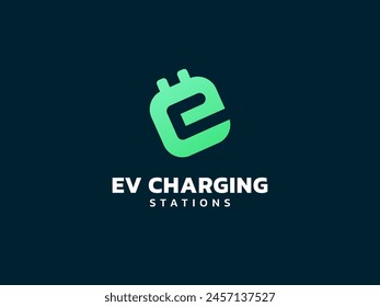 Letra e de la carga del vehículo eléctrico con el concepto del diseño del Vector del logotipo del conector del enchufe del EV. Símbolo de logotipo de letra E para coche eléctrico, estación de EV, ui, Web, negocio de ev, infografía, nueva tecnología.