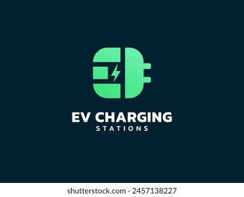 Electric vehicle charging letter E with EV Plug Connector and Lightning Bolt Symbol logo vector design concept. Letter E logotype symbol for Electric Car, EV station, ui, web, ev business, infographic