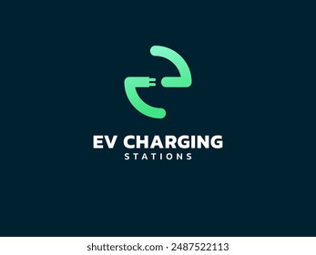 Letra e de la carga del vehículo eléctrico con el concepto del diseño del Vector del logotipo del conector del enchufe del EV. Símbolo de logotipo de letra E para coche eléctrico, estación de EV, ui, Web, negocio de ev, infografía, nueva tecnología.