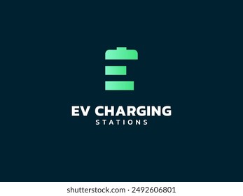 Electric vehicle charging letter E with battery shape symbol logo vector design concept. Letter E logotype symbol for Electric Car, EV station, ui, ev business, infographic, new technology, energy.