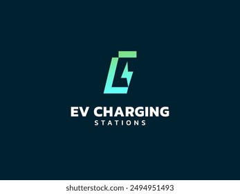 Electric vehicle charging letter E with geometric shapes and Lightning Bolt symbol logo vector design concept. Letter E logotype symbol for Electric Car, EV station, ui, web, ev business, infographic.