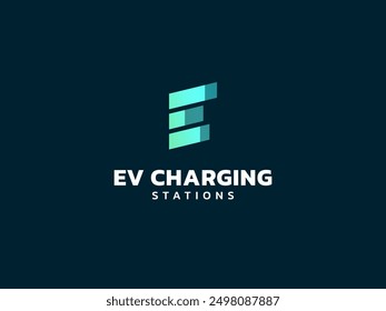 Vehículo eléctrico que carga con la letra E que carga el concepto de diseño del Vector del logotipo de las Formas de la barra de la batería. Símbolo del logotipo de la letra E para el coche eléctrico, estación del EV, UI, negocio del EV, infografía, tecnología, energía limpia.