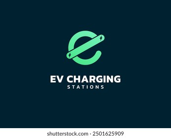 Electric vehicle charging with letter e Engine Start Switch logo vector design concept. EV charging logotype symbol for Electric Car, EV station, ui, business, infographic, new tech, clean energy.