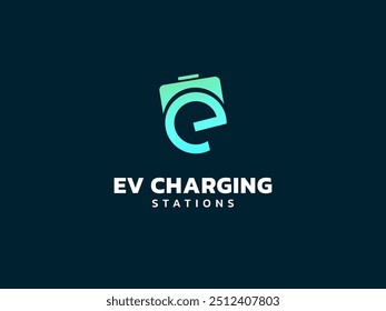 Electric vehicle charging letter e with in Battery Shape Symbol logo vector design concept. Letter E logotype symbol for Electric Car, EV station, ui, web, ev business, infographic, new technology.