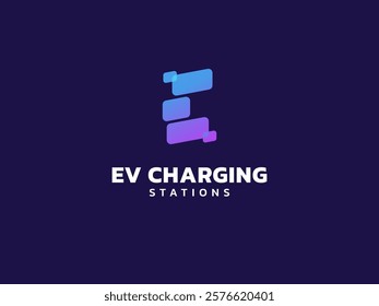 Electric vehicle charging with letter E overlapping Rounded Rectangle shapes logo vector design concept. Letter E logotype symbol for Electric Car, EV station, ui, ev business, new tech, clean energy.