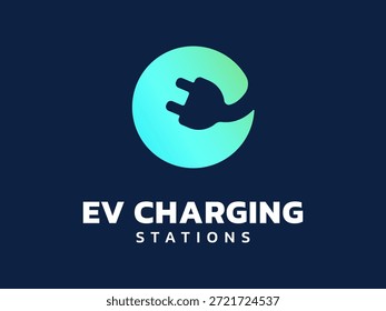 Electric vehicle charging with Letter e meaning from ev charging plug connector overlapping in circle shapes logo vector design concept. Letter e logotype symbol for Electric Car, EV station, ui, web.