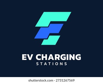 Electric vehicle charging with Letter E overlapping italic rectangle shapes logo vector illustration design concept. Letter E logo symbol for Electric Car, EV station, ui, clean energy, infographic.