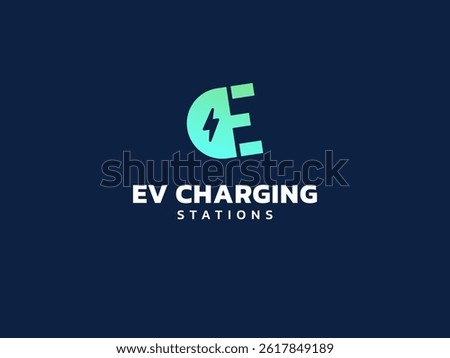 Electric vehicle charging with letter E Plug Connector Symbol logo vector design concept. Letter E logotype symbol for Electric Car, EV station, ui, web, ev business, infographic, new technology.