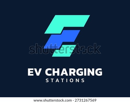 Electric vehicle charging with Letter E overlapping italic rectangle shapes logo vector illustration design concept. Letter E logo symbol for Electric Car, EV station, ui, clean energy, infographic.