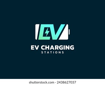 Electric vehicle charging letter EV with in Battery Shape Symbol logo vector design concept. Letter EV logotype symbol for Electric Car, EV station, ui, web, ev business, infographic, new technology.