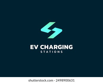 Vehículo eléctrico que carga con la letra S Lightning Bolt concepto de diseño de Vector de logotipo. Símbolo del logotipo de la carga del EV para el coche eléctrico, estación del EV, ui, negocio, infografía, Web, energía limpia, tecnología.