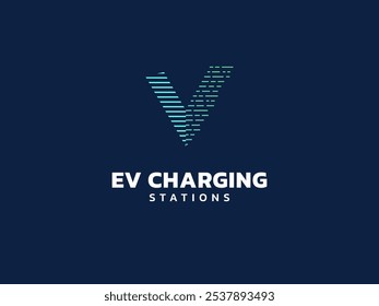 Carregamento do veículo elétrico com letra V velocidade linhas logotipo vetor conceito de projeto. Letra v logotipo símbolo para o carro elétrico, estação de VE, ui, web, empresa de ev, infográfico, nova tecnologia, energia limpa.