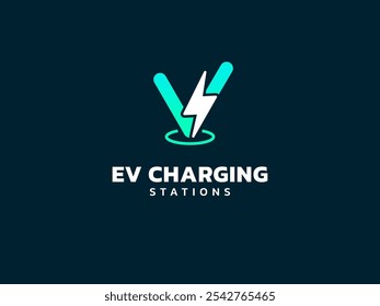 Vehículo eléctrico que carga con la letra V Volt Checkpoint símbolos de ubicación logo concepto de diseño de Vector. Símbolo del logotipo de la letra v para el coche eléctrico, estación del EV, UI, negocio del EV, energía limpia, infografía.