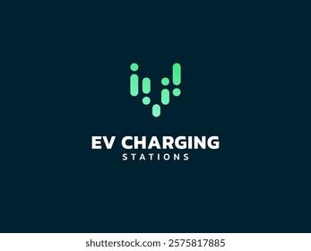 Electric vehicle charging with letter V energy lines logo vector design concept. Letter v logotype symbol for Electric Car, EV station, ui, web, ev business, infographic, new technology, clean energy.