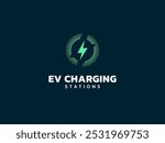 Electric vehicle charging with lightning bolt symbol overlapping in Concentric circles radial lineslogo vector design concept. EV charging logotype symbol for Electric Car, EV station, ui, infographic