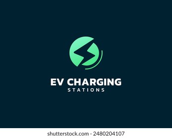 Electric vehicle charging with lightning bolt symbol overlapping in circle logo vector design concept. EV charging logotype symbol for Electric Car, EV station, ui, business, infographic, web, tech.